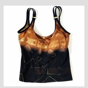 Tara Grinna Swimwear Tankini Top Black Brown Gold Strap Accents Size 34 US 8-10